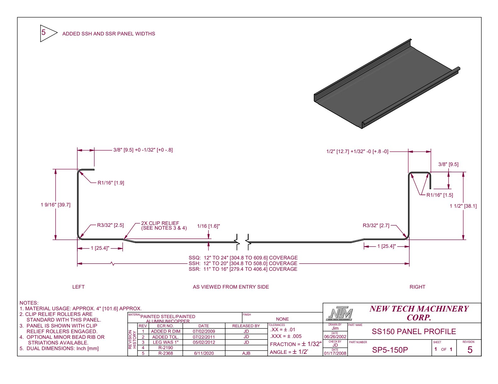 MS-150 standing-seam profile spec drawing